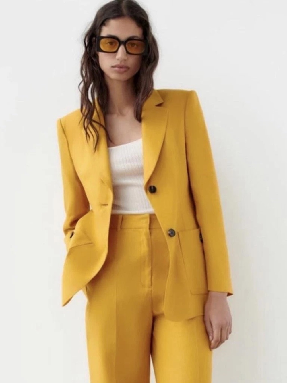 Zara Linen Suit Creative Career business casual mustard blazer and trousers XS/S